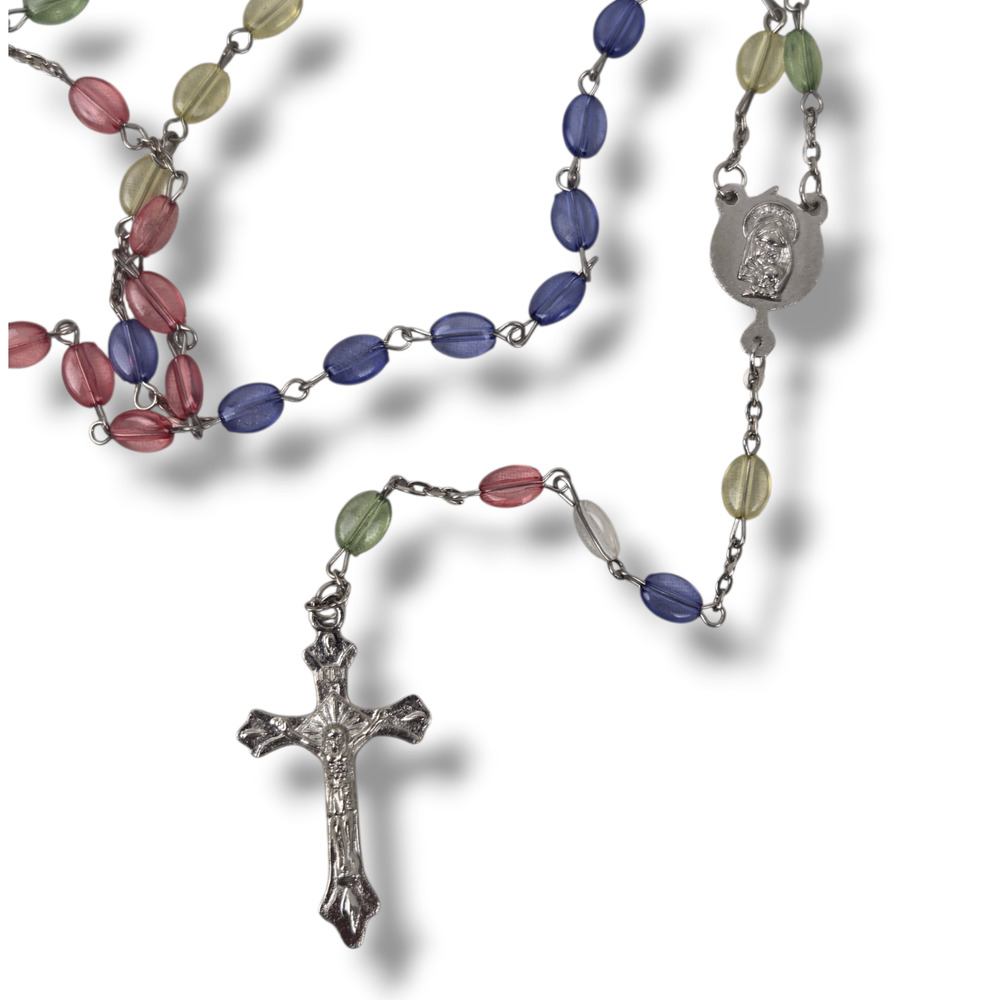 Pastel Pink Blue Plastic Bead Rosary Silver Tone Crucifix Virgin Mary Catholic
